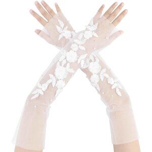 Women's White-1 Floral Pearl Polka Point Bow knot Lace Arm Sleeves Gloves Prom